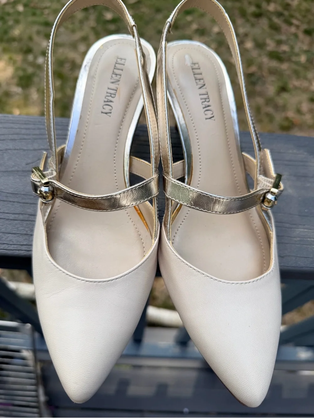 Ellen Tracy Pointed Slingback Heels in Ivory and Metallic Gold